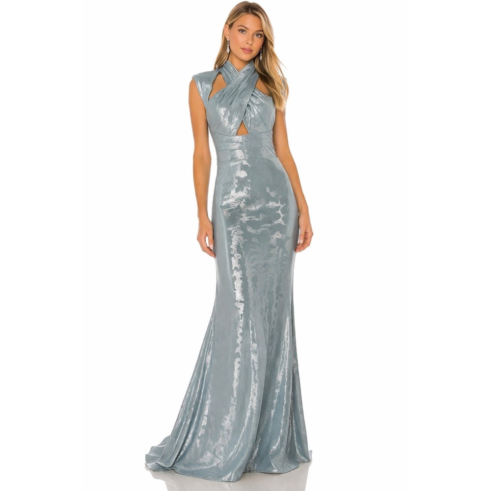 New! Dress the Population Metallic Sculpted Neck‎ Gown Silver Blue Sz Small $398
